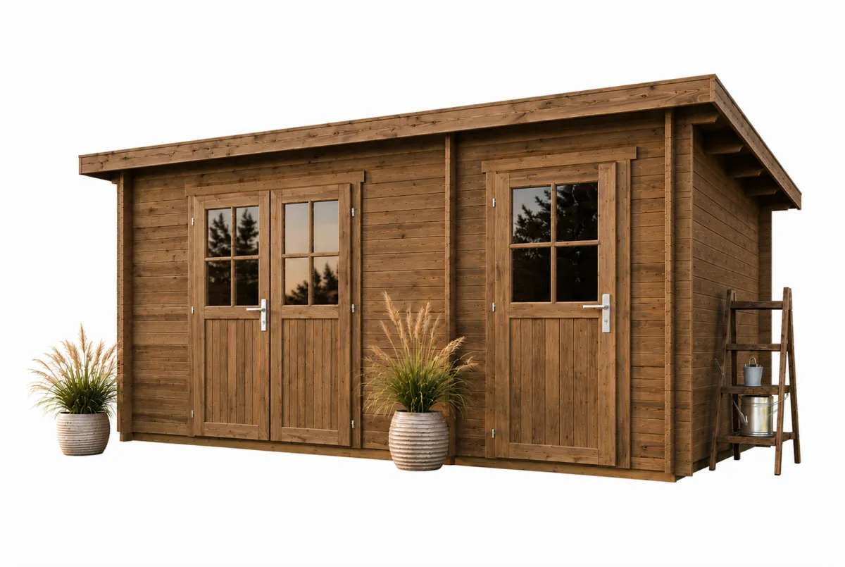 Abri de jardin bois traité autoclave HORIZON 5H - Toit plat - 2 pièces - 10,92 m² + 4,86 m² - Madriers 28 mm