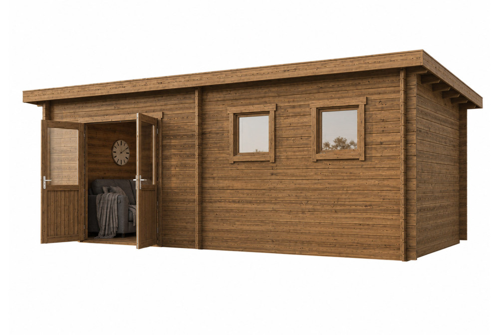 Abri de jardin bois traité autoclave HORIZON 6D - Toit plat - 17,49 m² - Madriers 28 mm