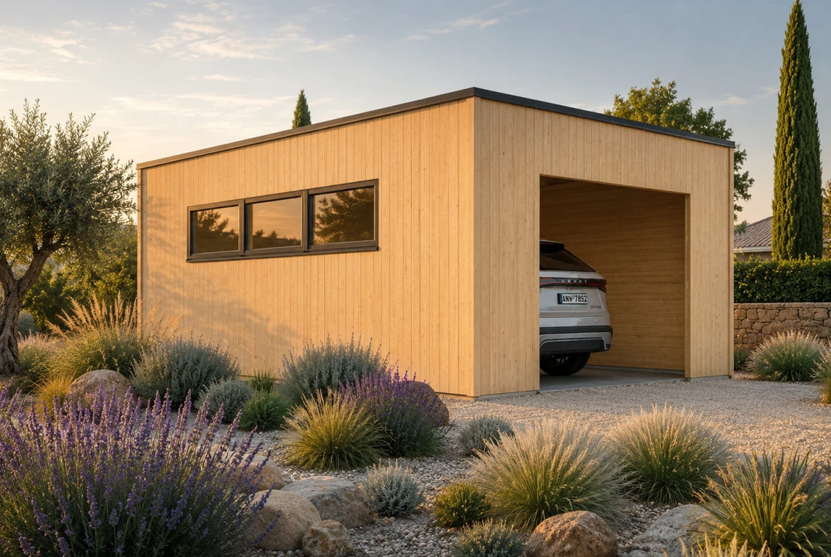 Garage bois brut BRISE A - Toit monopente - 1 voiture - 23,32 m² - Madriers 34 mm + bardage 18 mm
