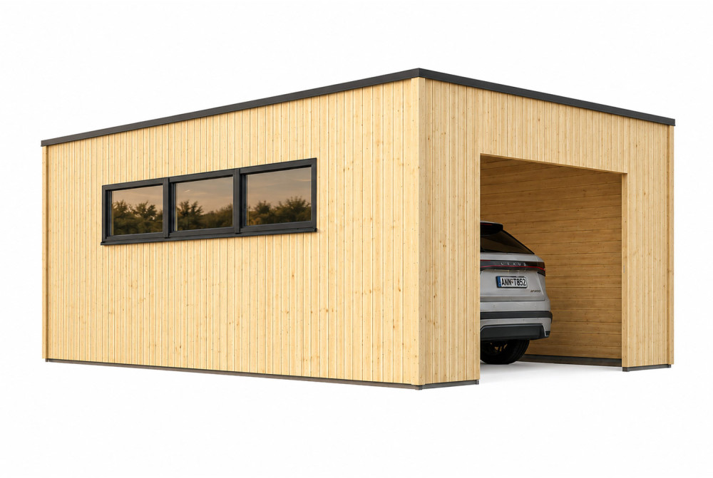 Garage bois brut BRISE A - Toit monopente - 1 voiture - 23,32 m² - Madriers 34 mm + bardage 18 mm