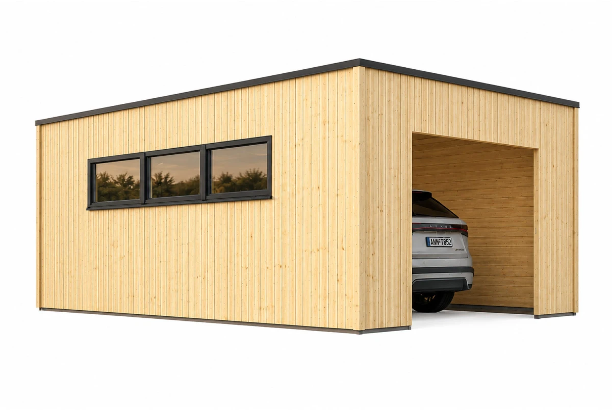 Garage bois brut BRISE A - Toit monopente - 1 voiture - 23,32 m² - Madriers 34 mm + bardage 18 mm