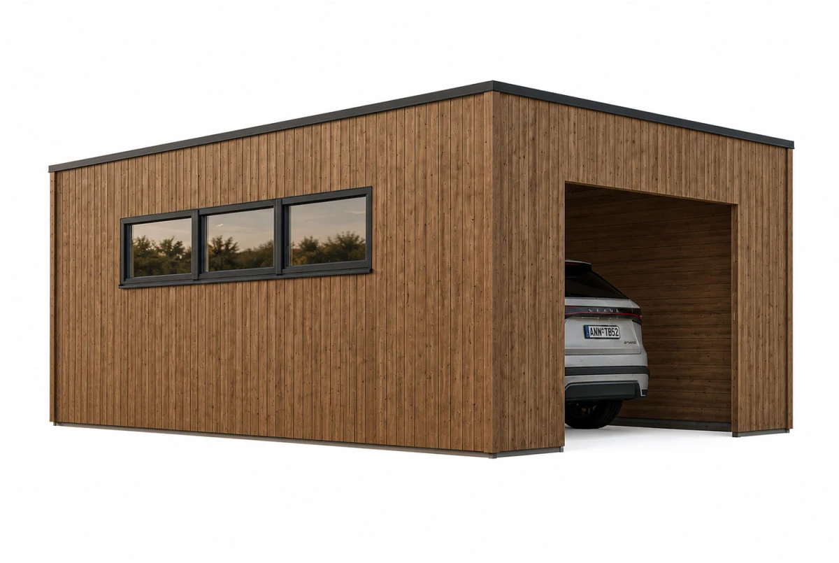 Garage bois traité autoclave BRISE A - Toit monopente - 1 voiture - 23,32 m² - Madriers 34 mm + bardage 18 mm