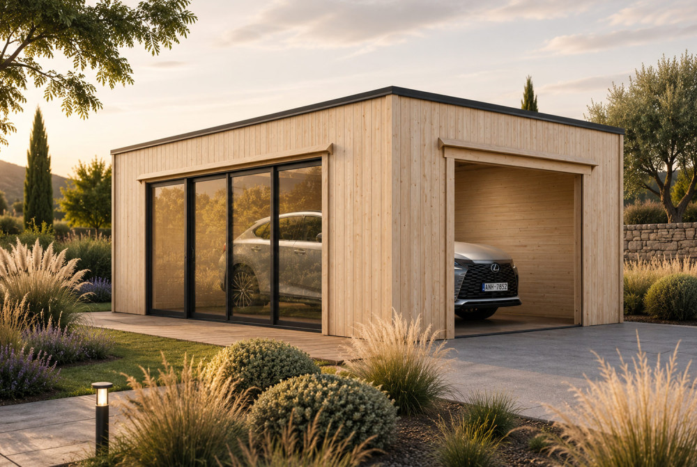Garage bois brut BRISE B - Toit monopente - 1 voiture - 23,32 m² - Madriers 34 mm + bardage 18 mm