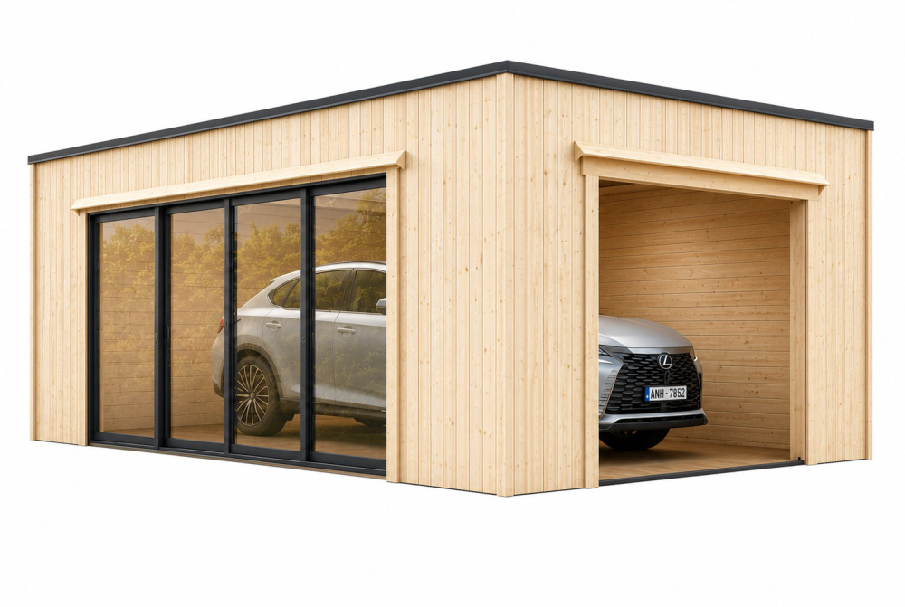 Garage bois brut BRISE B - Toit monopente - 1 voiture - 23,32 m² - Madriers 34 mm + bardage 18 mm