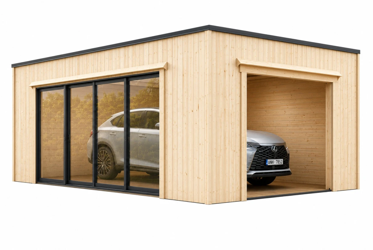 Garage bois brut BRISE B - Toit monopente - 1 voiture - 23,32 m² - Madriers 34 mm + bardage 18 mm