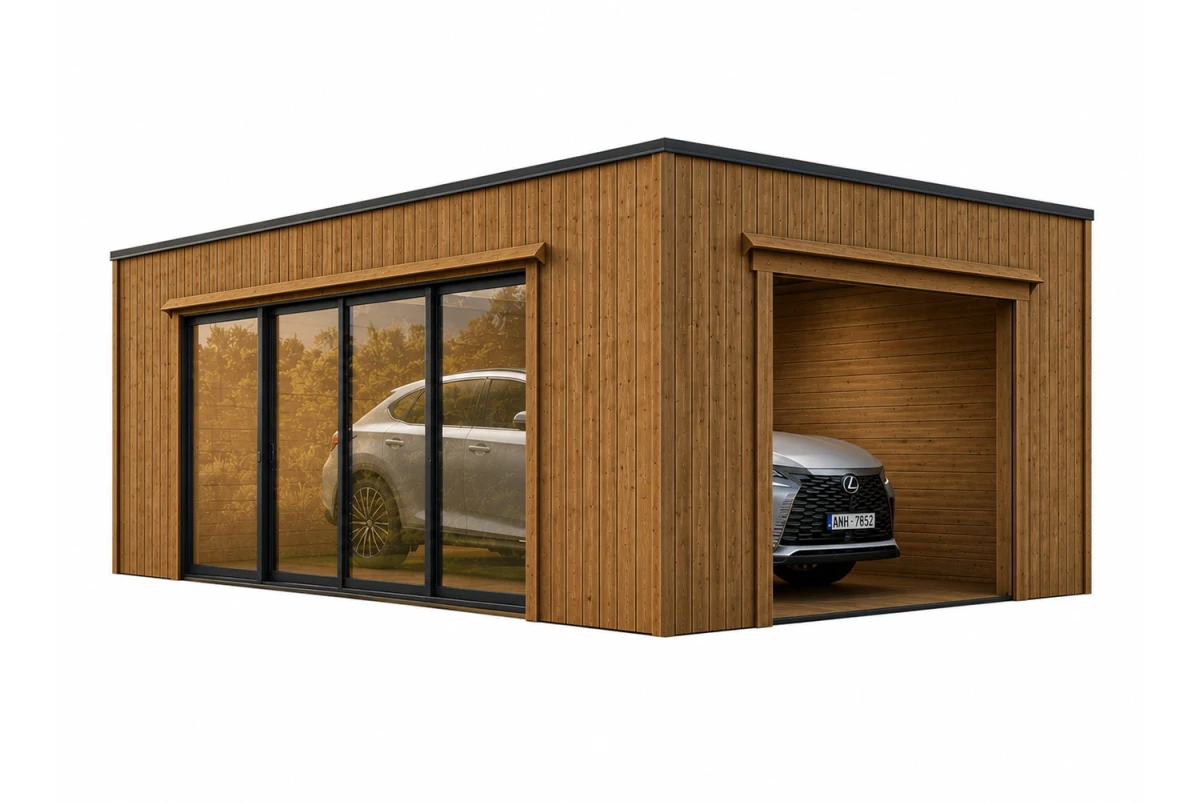 Garage bois traité autoclave BRISE B - Toit monopente - 1 voiture - 23,32 m² - Madriers 34 mm + bardage 18 mm