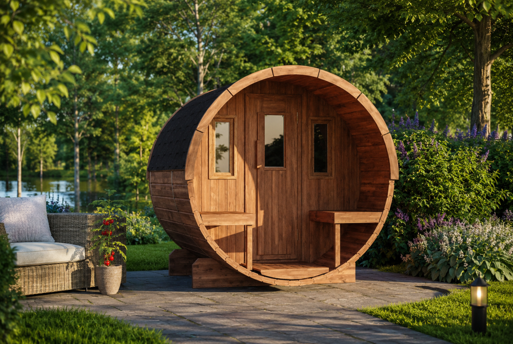 Sauna tonneau extérieur AURORA 250 – Bois thermotraité – Madriers 42 mm