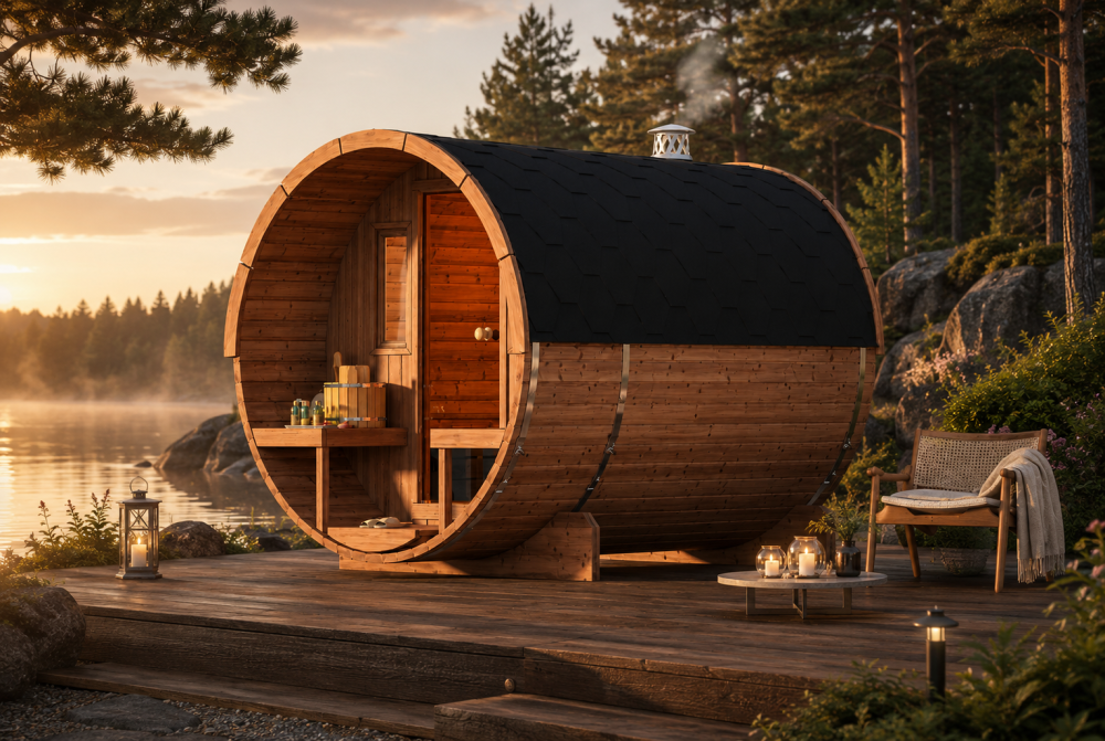 Sauna tonneau extérieur AURORA 250 – Bois thermotraité – Madriers 42 mm