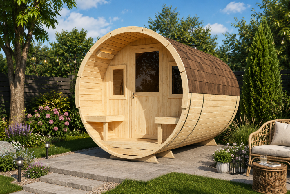 Sauna tonneau extérieur AURORA 300 – Bois thermotraité – Madriers 42 mm