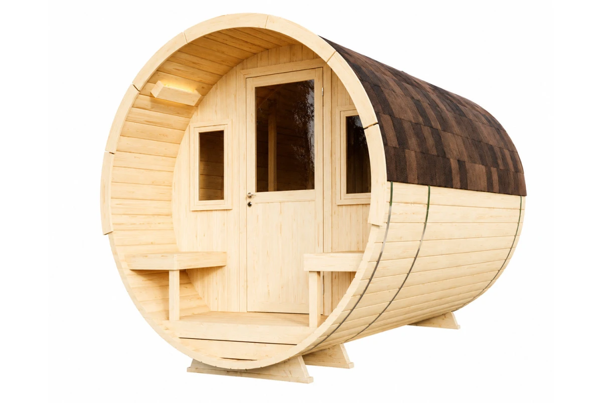 Sauna tonneau extérieur AURORA 300 – Bois thermotraité – Madriers 42 mm