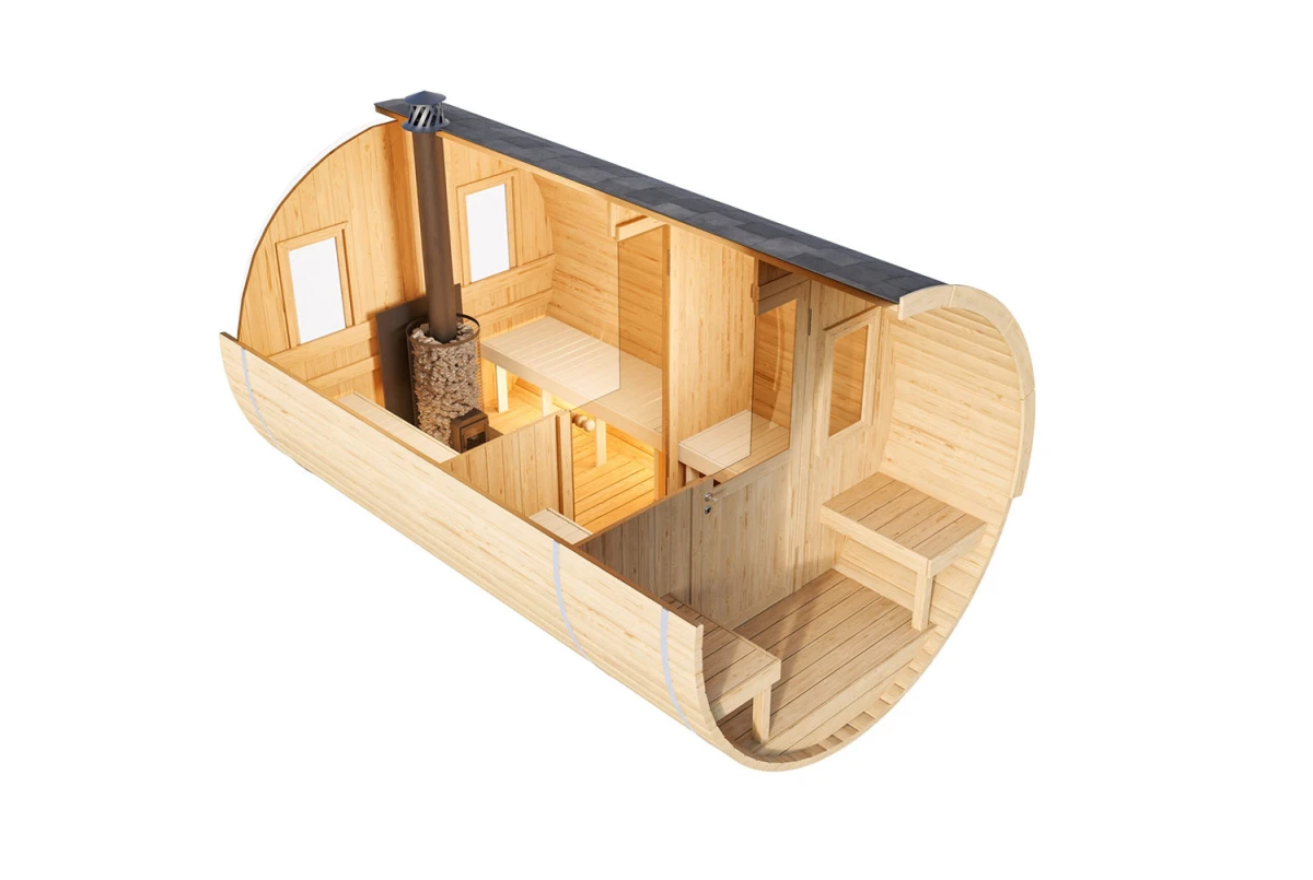 Sauna tonneau extérieur AURORA 300 – Bois thermotraité – Madriers 42 mm