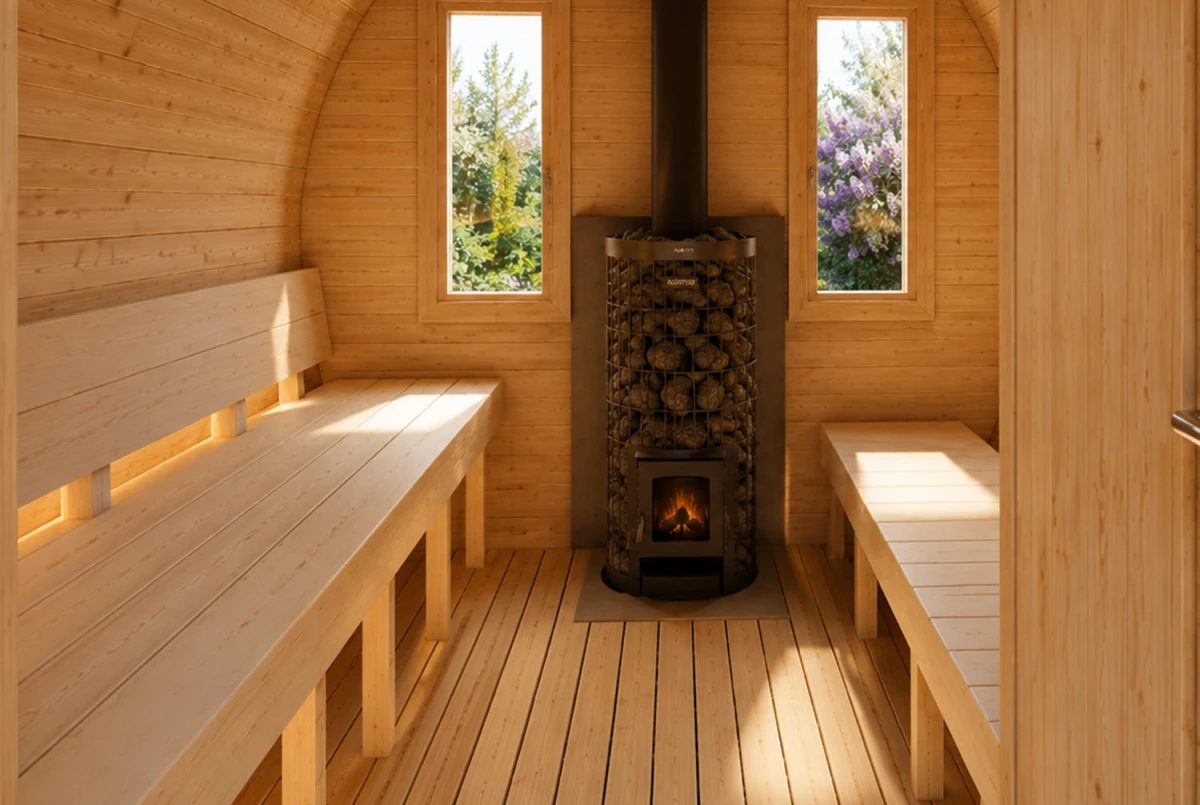 Sauna tonneau extérieur AURORA 300 – Bois thermotraité – Madriers 42 mm