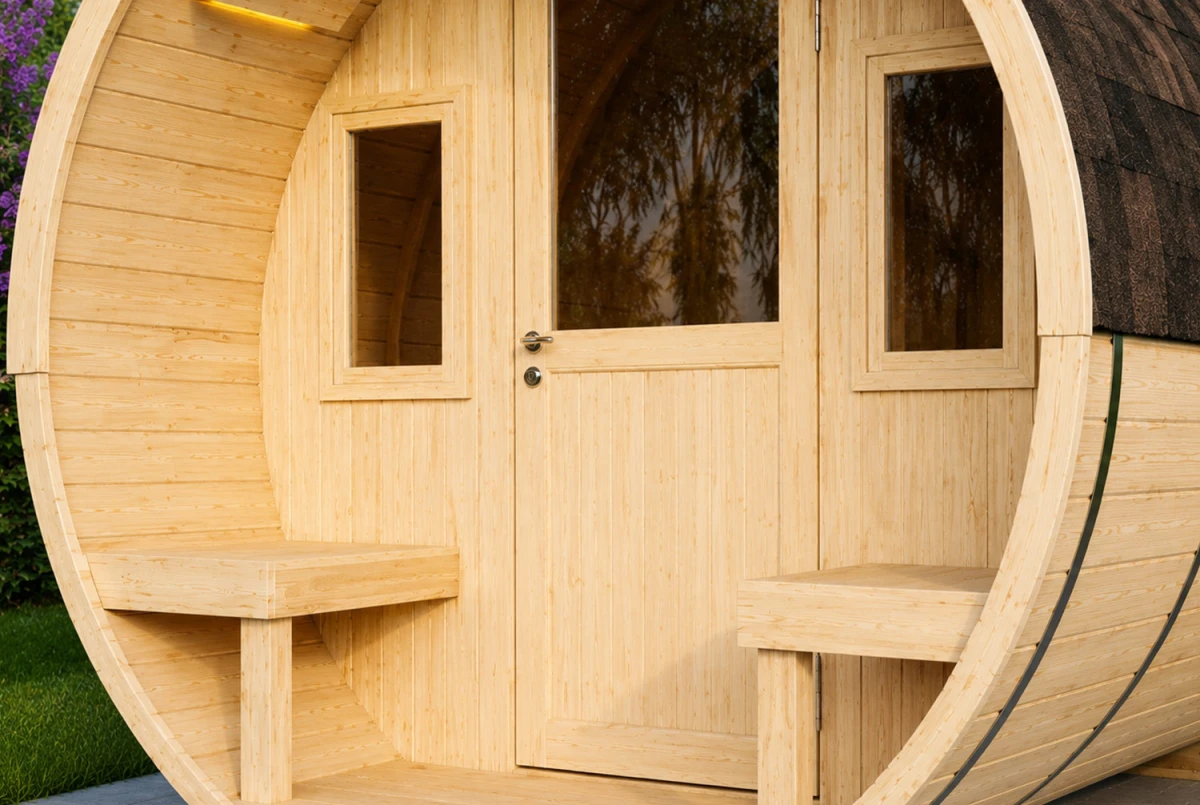 Sauna tonneau extérieur AURORA 300 – Bois thermotraité – Madriers 42 mm