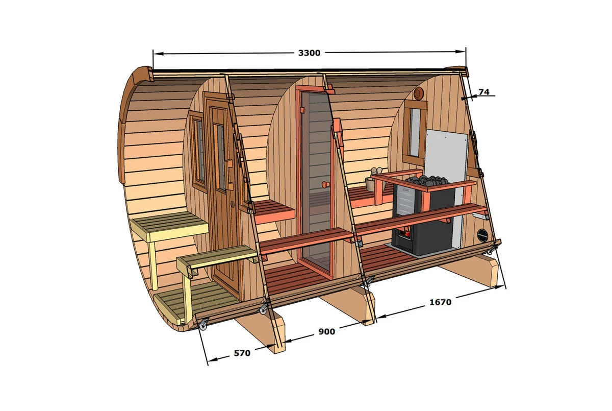 Sauna tonneau extérieur AURORA 300 – Bois thermotraité – Madriers 42 mm