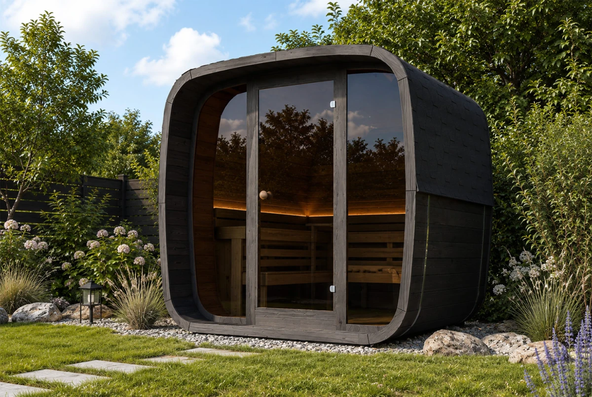 Sauna tonneau extérieur AURORA 3 – 3,84 m² – Bois thermotraité noir – Madriers 40 mm