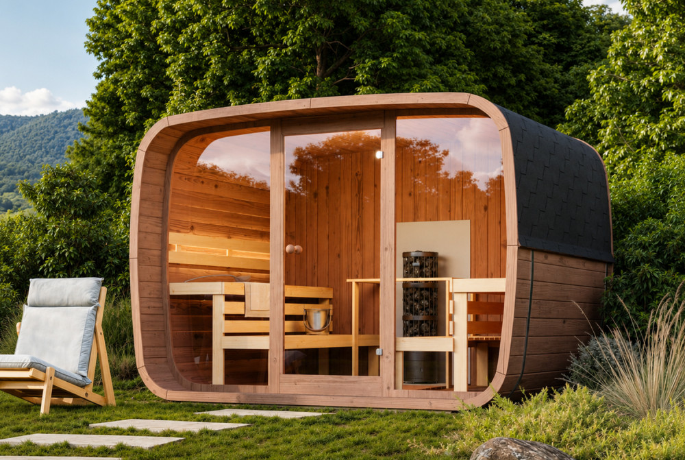 Sauna tonneau extérieur AURORA 5 – 5,89 m² – Bois thermotraité brun – Madriers 40 mm