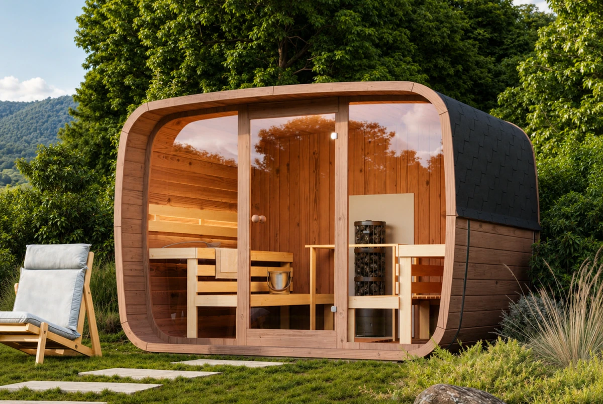 Sauna tonneau extérieur AURORA 5 – 5,89 m² – Bois thermotraité brun – Madriers 40 mm
