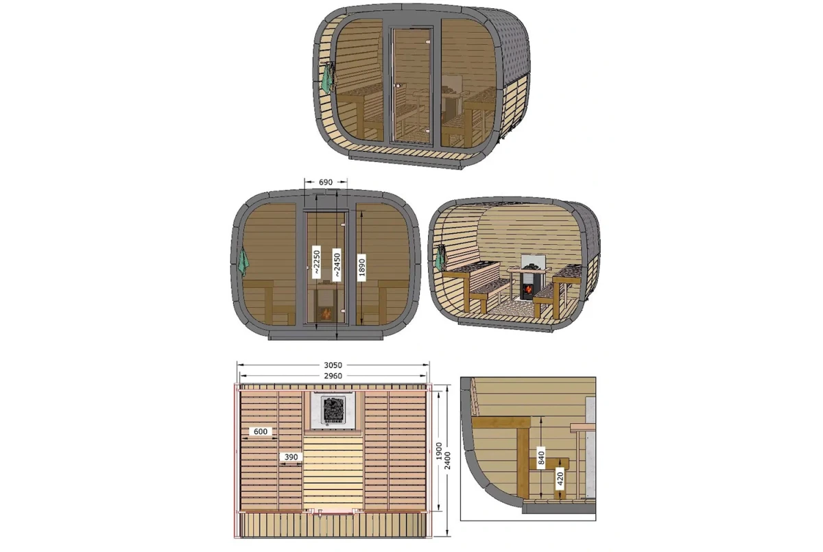 Sauna tonneau extérieur AURORA 5 – 5,89 m² – Bois thermotraité brun – Madriers 40 mm