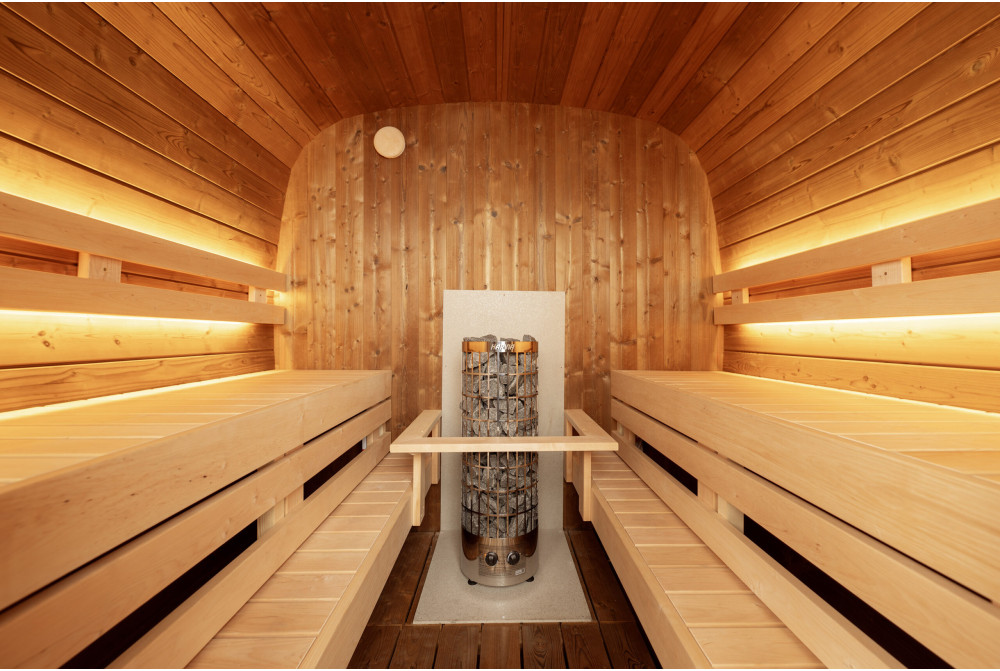 Sauna tonneau extérieur AURORA 5 – 5,89 m² – Bois thermotraité brun – Madriers 40 mm
