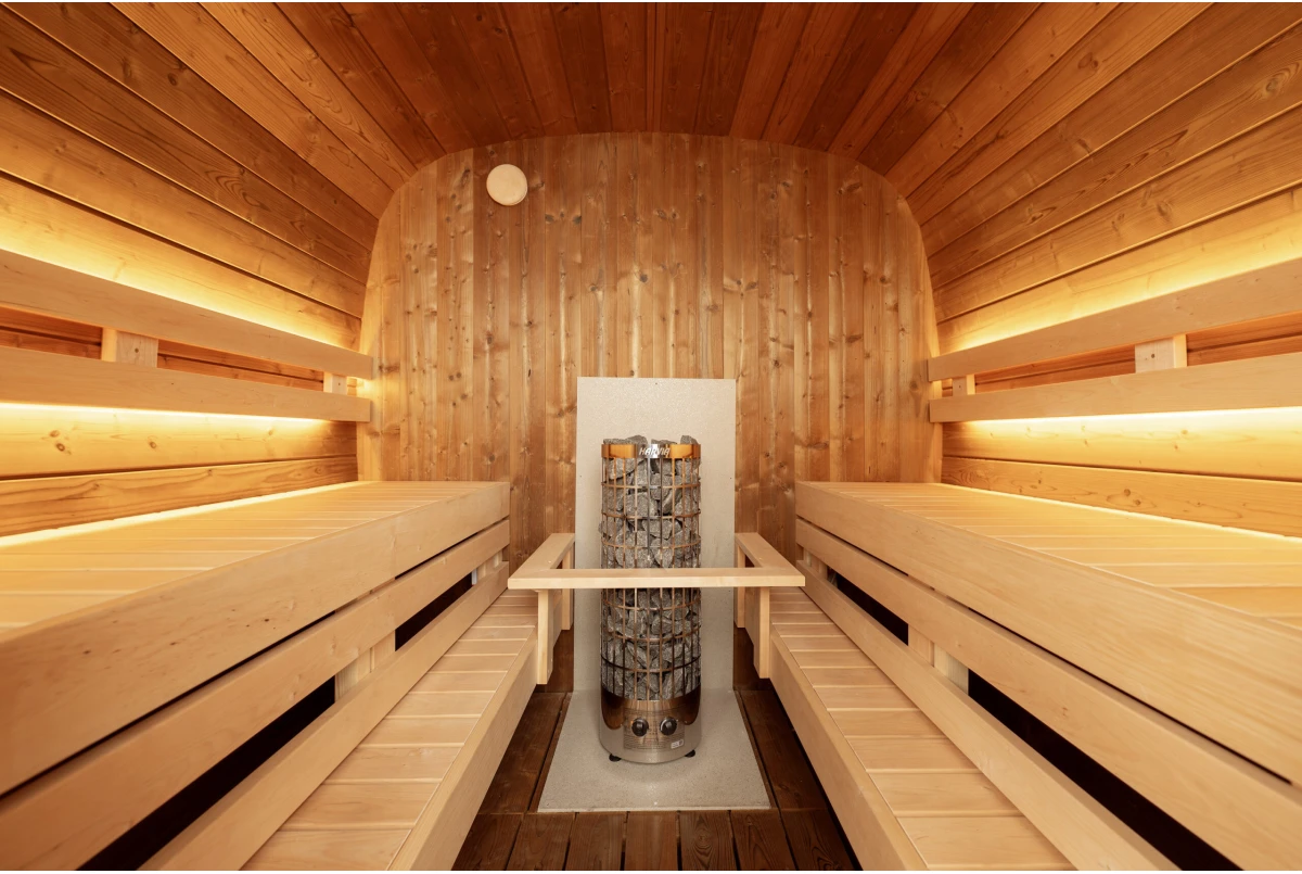 Sauna tonneau extérieur AURORA 5 – 5,89 m² – Bois thermotraité brun – Madriers 40 mm
