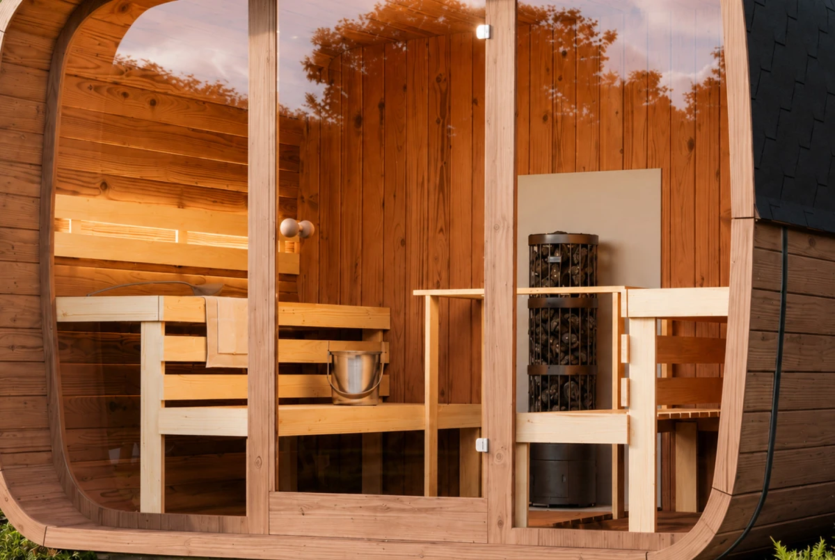 Sauna tonneau extérieur AURORA 5 – 5,89 m² – Bois thermotraité brun – Madriers 40 mm