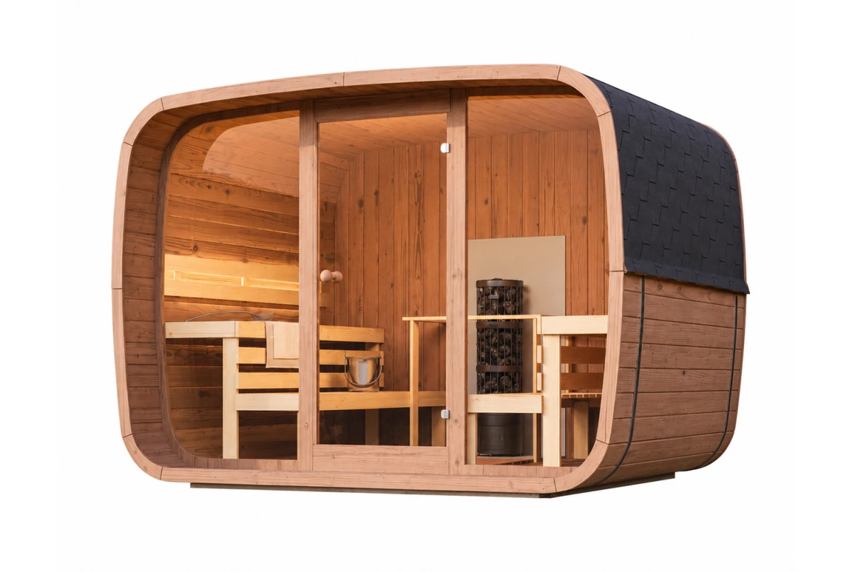 Sauna tonneau extérieur AURORA 5 – 5,89 m² – Bois thermotraité brun – Madriers 40 mm