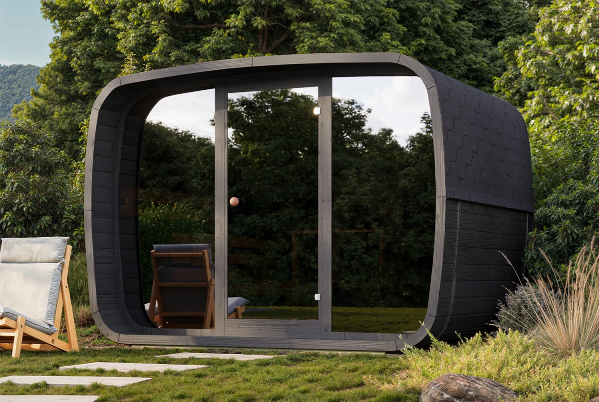 Sauna tonneau extérieur AURORA 5 – 5,89 m² – Bois thermotraité noir – Madriers 40 mm