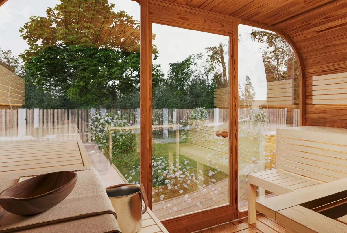 Sauna tonneau extérieur AURORA 5 – 5,89 m² – Bois thermotraité noir – Madriers 40 mm