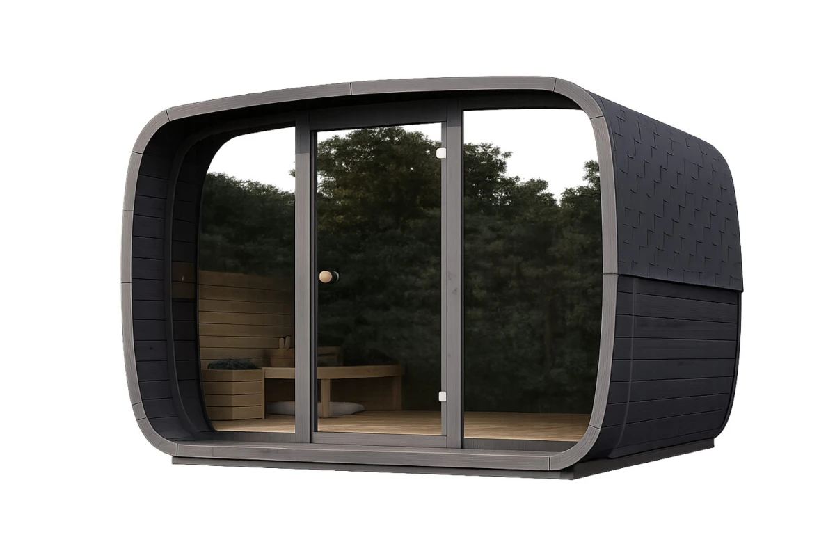 Sauna tonneau extérieur AURORA 5 – 5,89 m² – Bois thermotraité noir – Madriers 40 mm