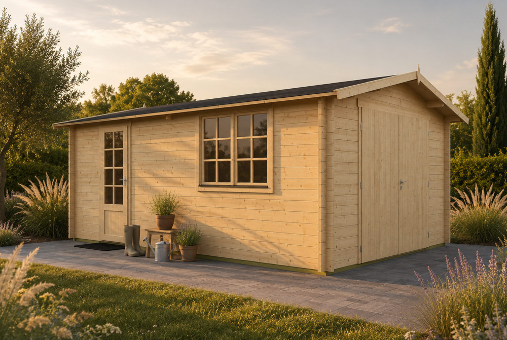 Garage bois brut AURA A - Toit double pente - 1 voiture - 14,30 m² - Madriers 44 mm