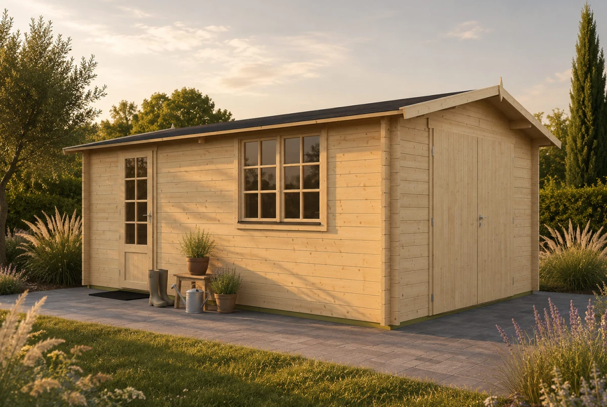 Garage bois brut AURA A - Toit double pente - 1 voiture - 14,30 m² - Madriers 44 mm