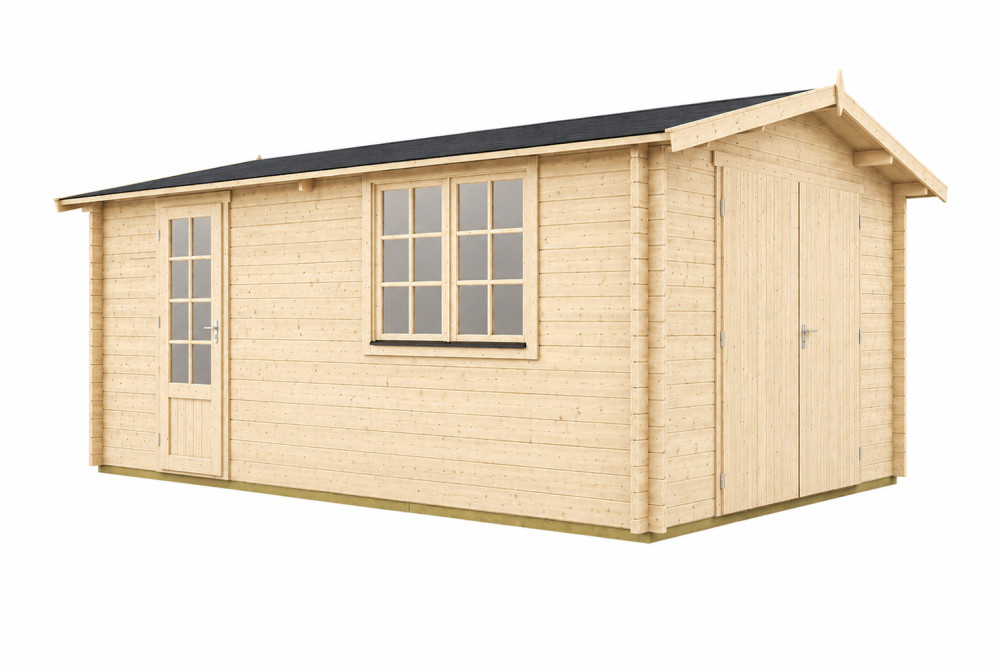 Garage bois brut AURA A - Toit double pente - 1 voiture - 14,30 m² - Madriers 44 mm
