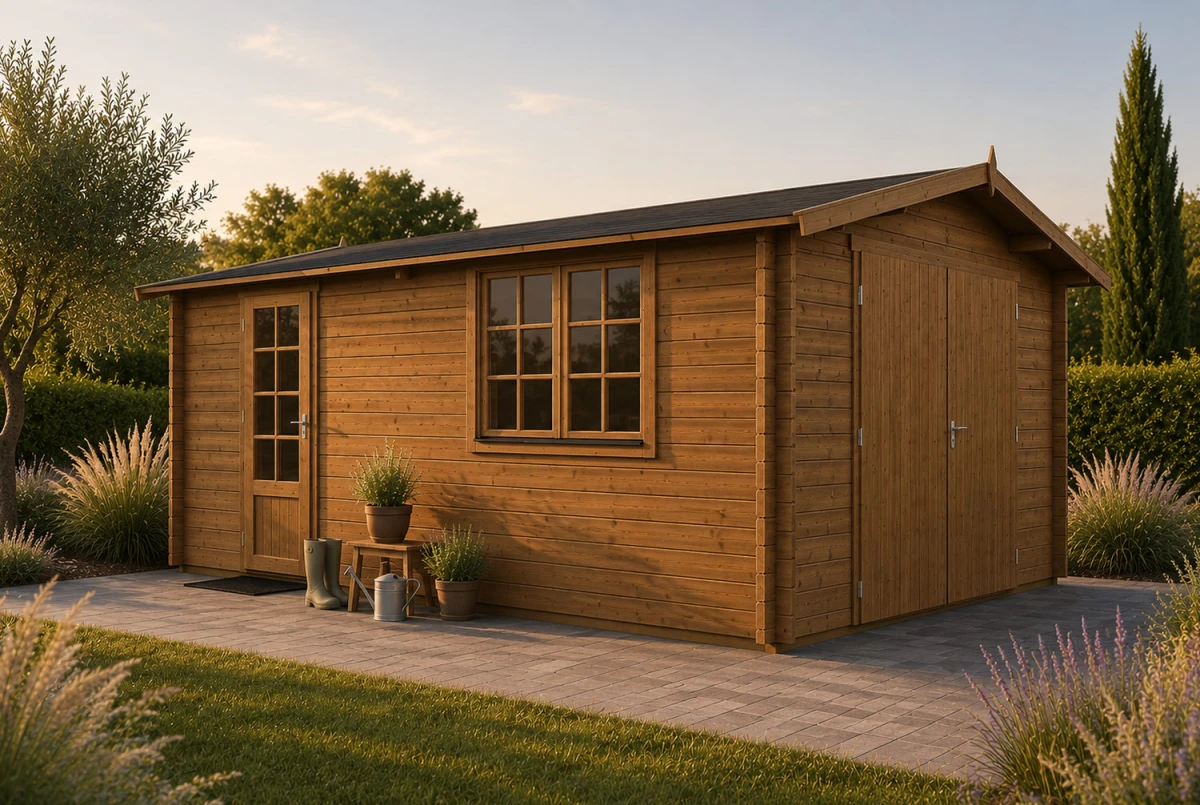 Garage bois traité autoclave AURA A - Toit double pente - 1 voiture - 14,30 m² - Madriers 44 mm