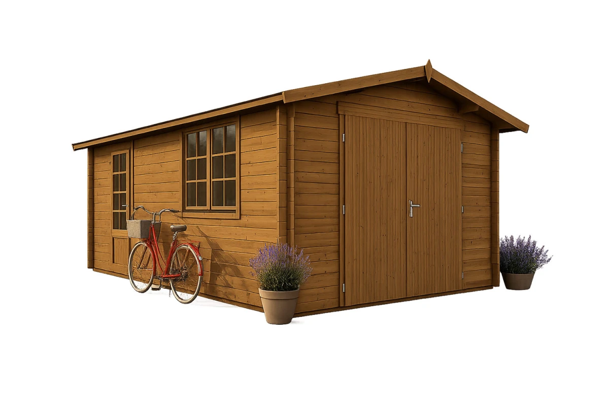 Garage bois traité autoclave AURA B - Toit double pente - 1 voiture - 21,32 m² - Madriers 44 mm