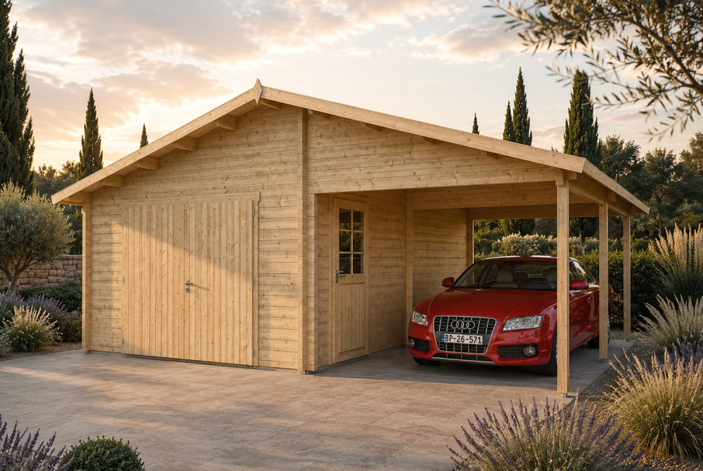 Garage bois brut BORÉE - Toit double pente avec auvent - 1 voiture - 20,45 m² + 16,29 m² - Madriers 44 mm