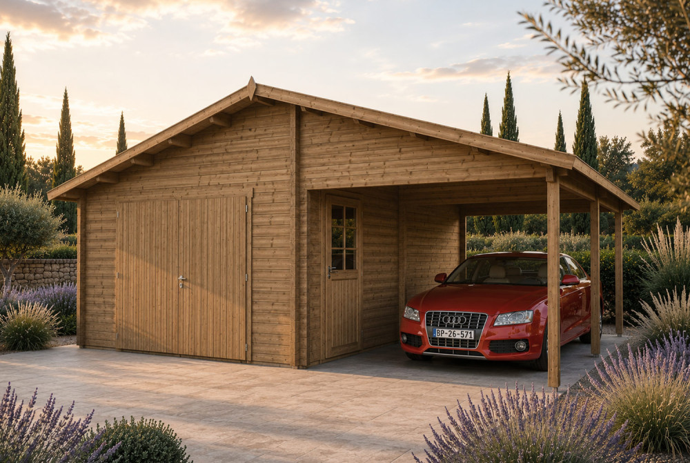 Garage bois traité autoclave BORÉE - Toit double pente avec auvent - 1 voiture - 20,45 m² + 16,29 m² - Madriers 44 mm