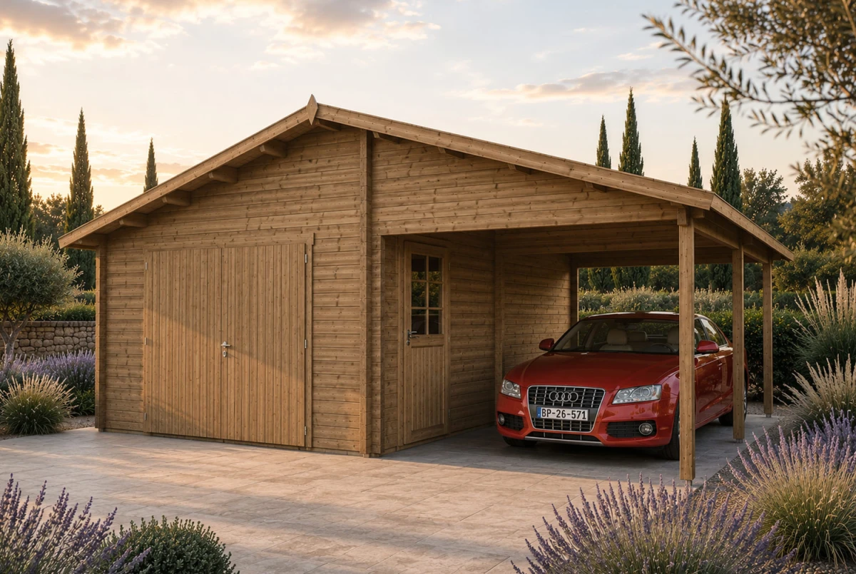 Garage bois traité autoclave BORÉE - Toit double pente avec auvent - 1 voiture - 20,45 m² + 16,29 m² - Madriers 44 mm