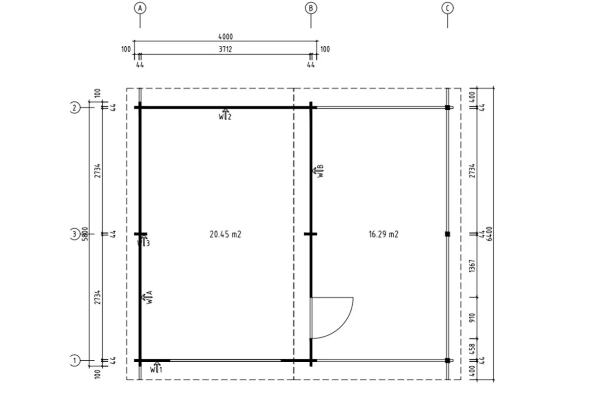 Garage bois traité autoclave BORÉE - Toit double pente avec auvent - 1 voiture - 20,45 m² + 16,29 m² - Madriers 44 mm