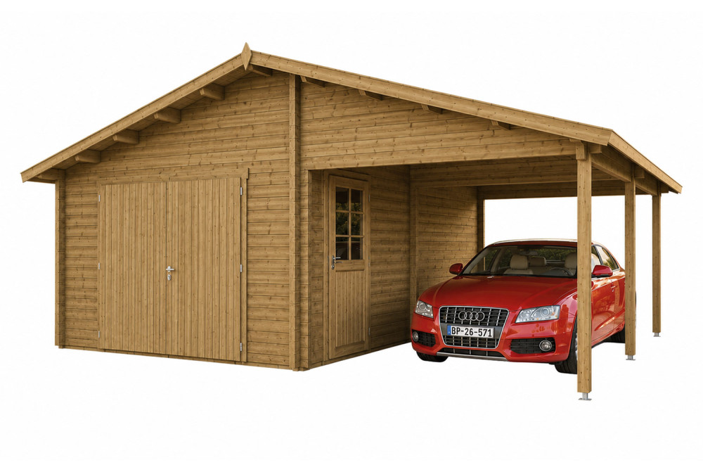 Garage bois traité autoclave BORÉE - Toit double pente avec auvent - 1 voiture - 20,45 m² + 16,29 m² - Madriers 44 mm