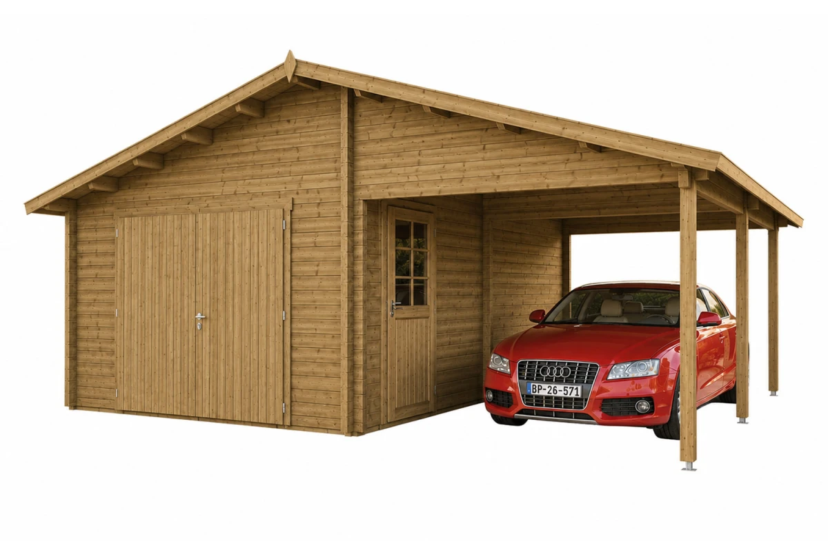 Garage bois traité autoclave BORÉE - Toit double pente avec auvent - 1 voiture - 20,45 m² + 16,29 m² - Madriers 44 mm