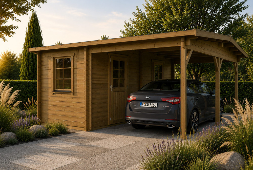 Carport bois traité autoclave NOTOS - Toit double pente - 1 voiture - 2 pièces avec auvent - 10,74 m² + 15,60 m² - 44 mm