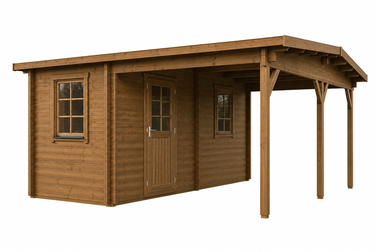 Carport bois traité autoclave NOTOS - Toit double pente - 1 voiture - 2 pièces avec auvent - 10,74 m² + 15,60 m² - 44 mm