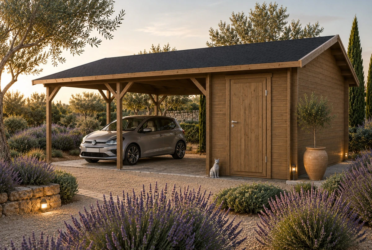 Carport voiture bois traité autoclave PONANT - Toit double pente - 2 voitures avec remise - 30,70 m² + 10,68 m² - Madriers 44 mm
