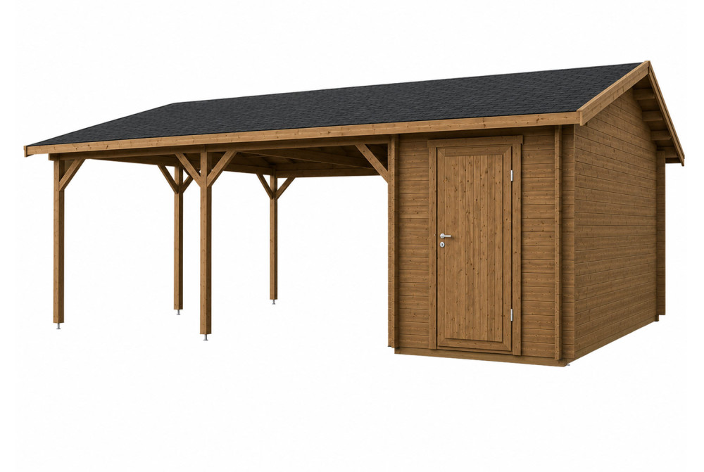 Carport voiture bois traité autoclave PONANT - Toit double pente - 2 voitures avec remise - 30,70 m² + 10,68 m² - Madriers 44 mm