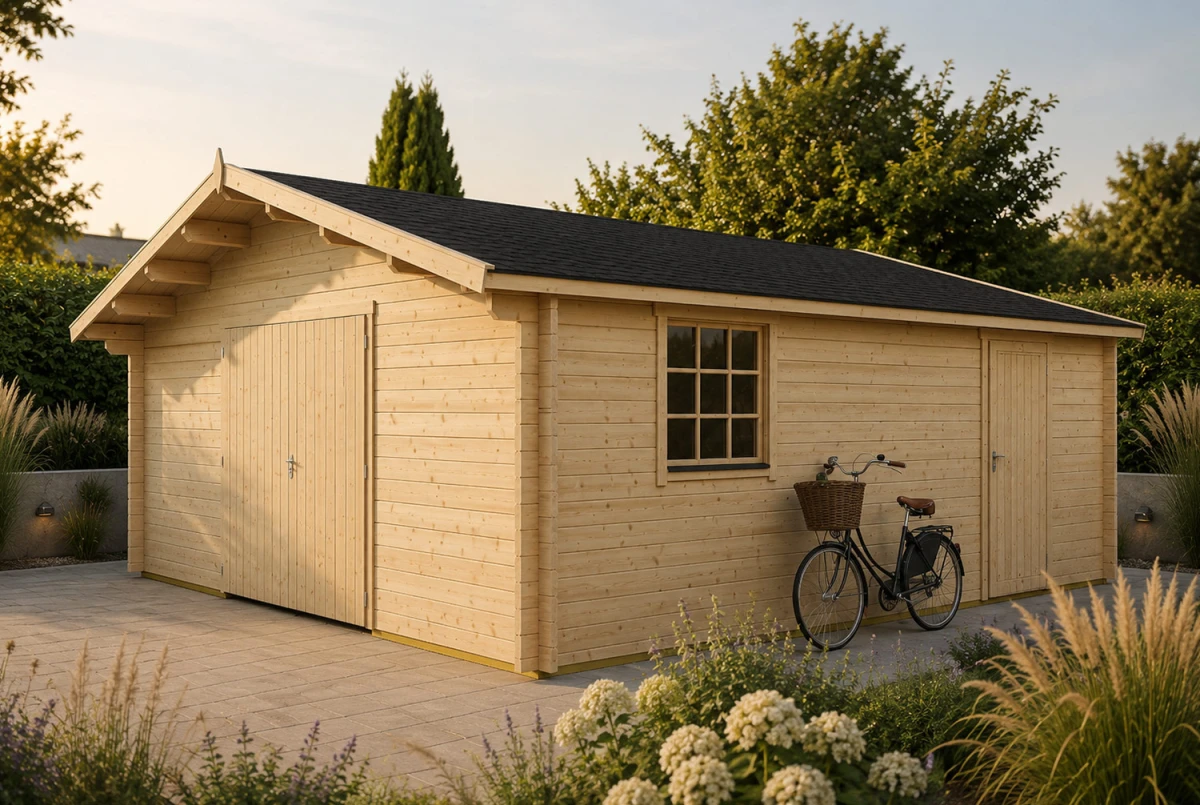 Garage bois brut AUTAN - Toit double pente - 1 voiture - 32,40 m² - Madriers 44 mm