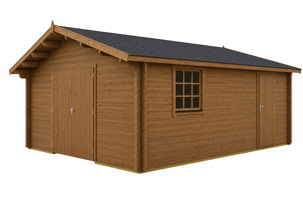 Garage bois traité autoclave AUTAN - Toit double pente - 1 voiture - 32,40 m² - Madriers 44 mm