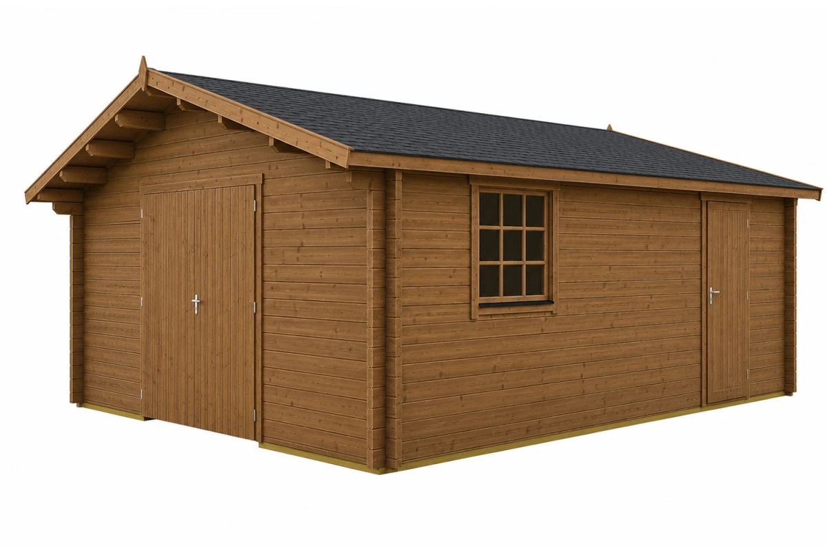Garage bois traité autoclave AUTAN - Toit double pente - 1 voiture - 32,40 m² - Madriers 44 mm