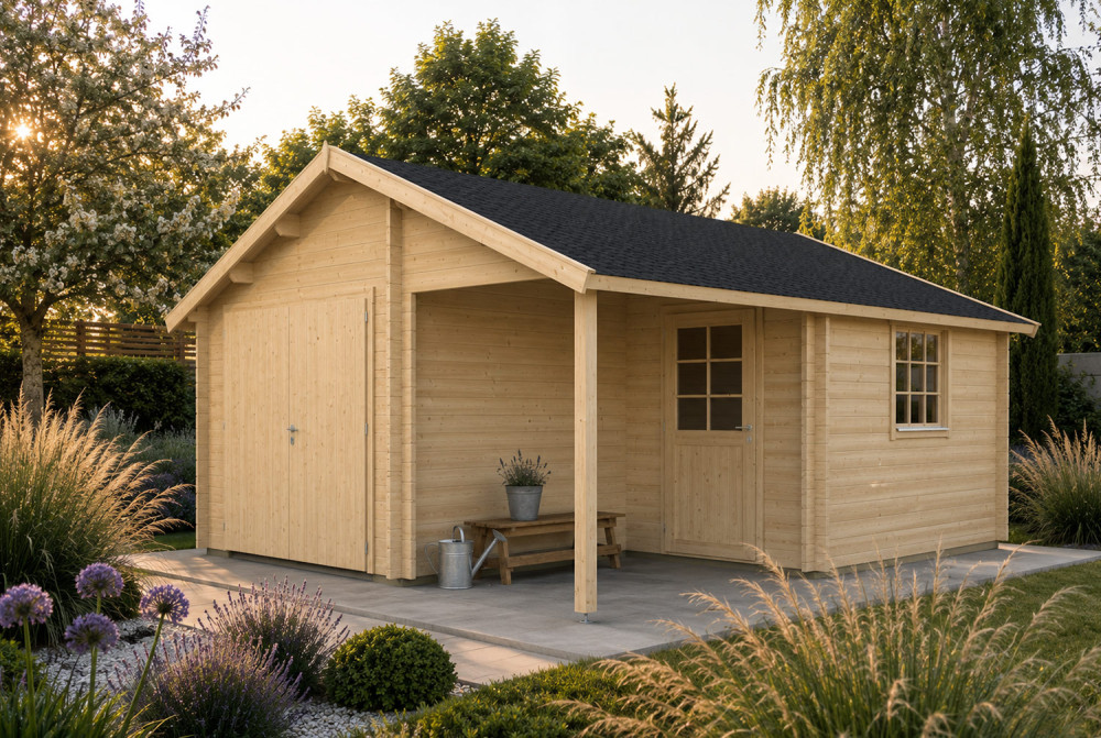 Garage bois brut LEVANT - Toit double pente avec auvent - 1 voiture - 21,93 m² + 4,56 m² - Madriers 44 mm