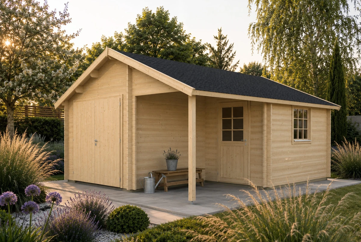 Garage bois brut LEVANT - Toit double pente avec auvent - 1 voiture - 21,93 m² + 4,56 m² - Madriers 44 mm
