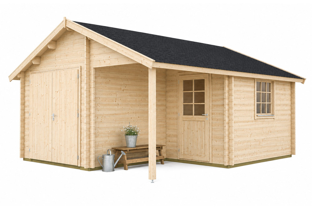 Garage bois brut LEVANT - Toit double pente avec auvent - 1 voiture - 21,93 m² + 4,56 m² - Madriers 44 mm